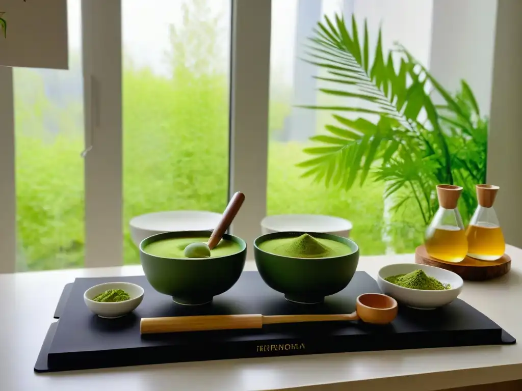 Una cocina moderna con diseño minimalista y utensilios japoneses para preparar matcha