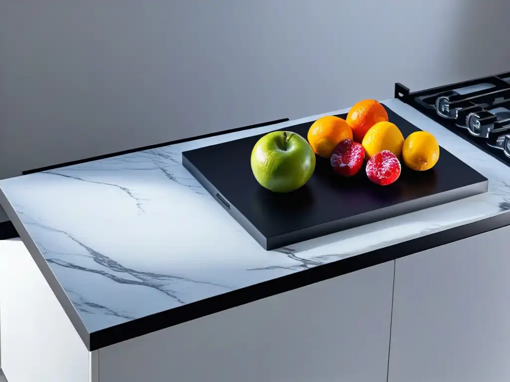 Una cocina moderna con diseño minimalista, mostrando elegante encimera de mármol y toque de color con frutas frescas