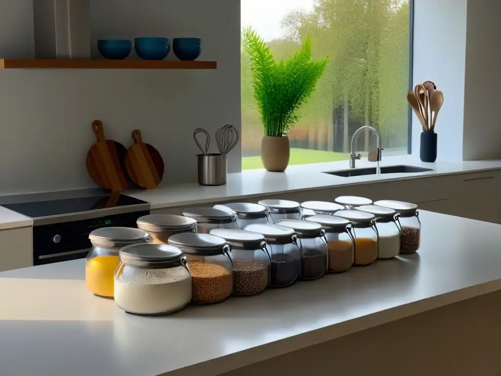 Cocina moderna y sofisticada con ingredientes de repostería elegantes Una cocina moderna y elegante con ingredientes de repostería organizados y herramientas de cocina, iluminada suavemente