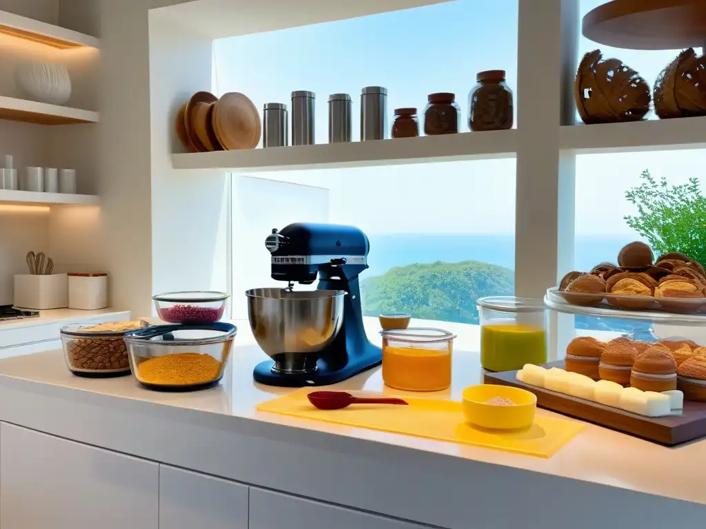 Cocina moderna: detallada y elegante con ingredientes coloridos Un rincón de cocina moderna y elegante con utensilios de repostería organizados, certificaciones online repostería mundo cambio