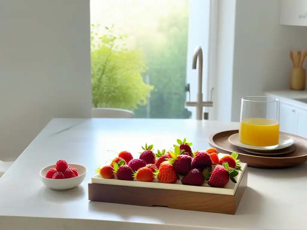 Una cocina moderna con mármol y frutas frescas