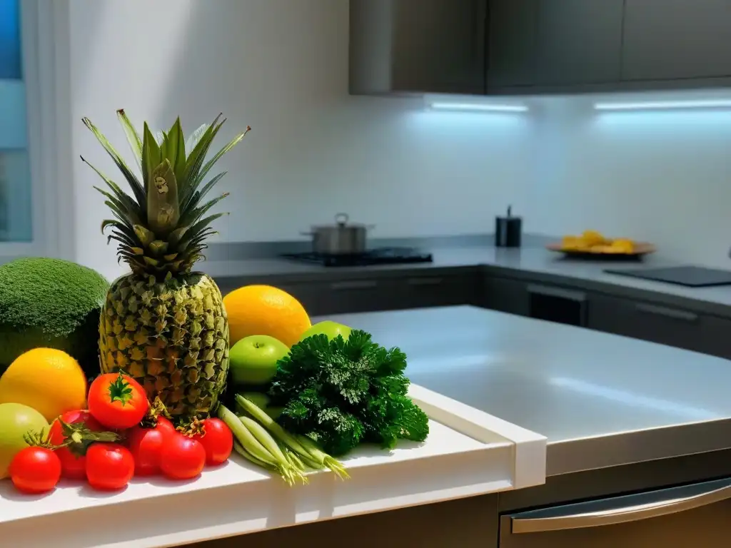 Una cocina moderna con frutas y verduras coloridas organizadas en patrones geométricos, ideal para Apps para recetas fit saludables