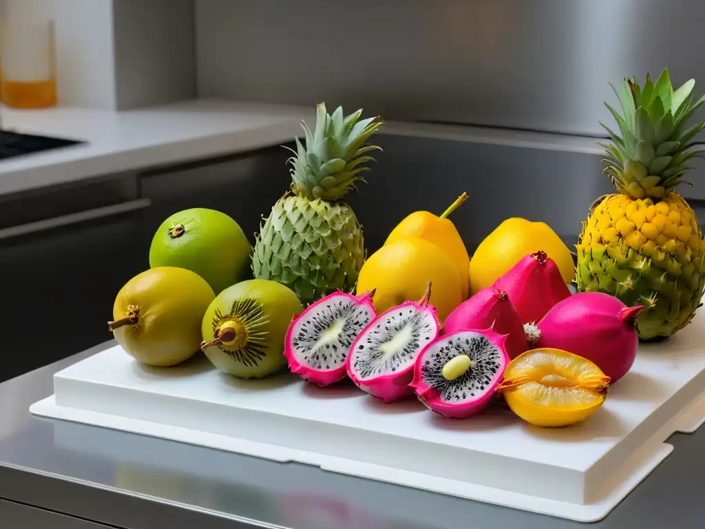 Una cocina moderna con frutos exóticos para repostería, creando una atmósfera visualmente exquisita