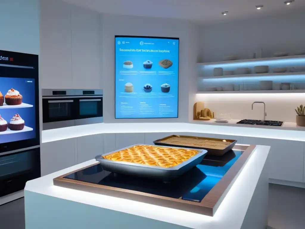 Una cocina moderna con hologramas de recetas de postres en Realidad Aumentada, tecnología avanzada y ambiente cálido