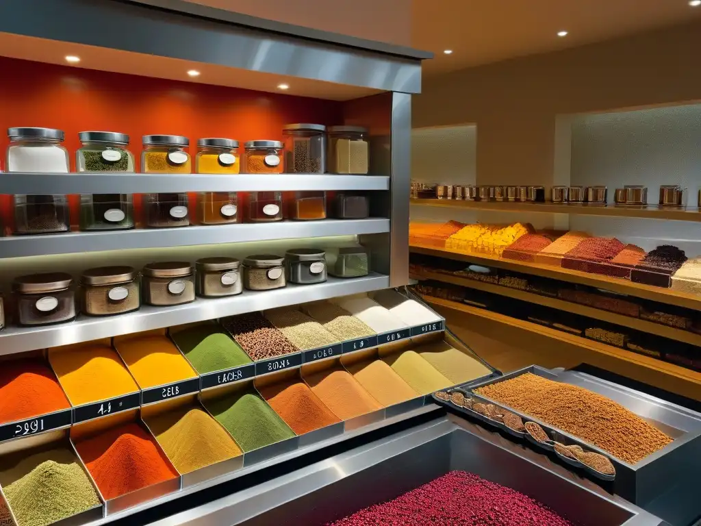Esencias exóticas: Especias vibrantes en elegante cocina de mármol Una cocina moderna con ingredientes especiales para repostería en frascos de vidrio, elegantes y coloridos