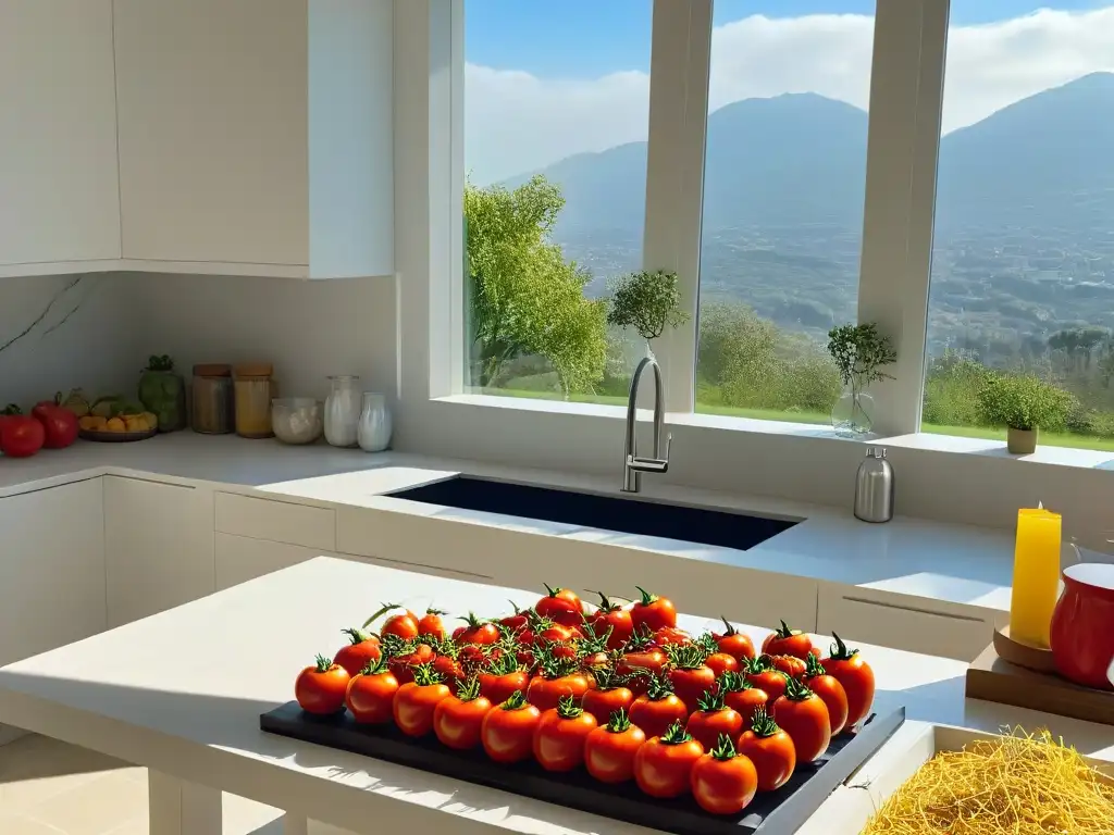 Una cocina moderna con ingredientes frescos y coloridos, bañada por luz natural