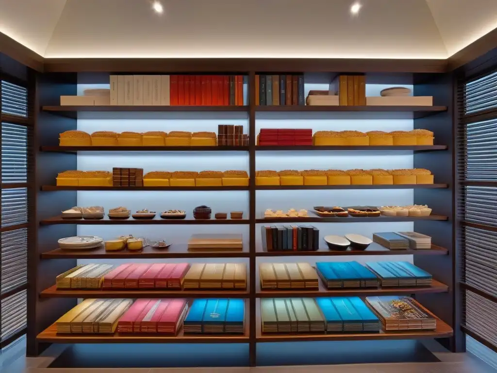 Una cocina moderna con libros de repostería coloridos y vibrantes organizados en estantes abiertos