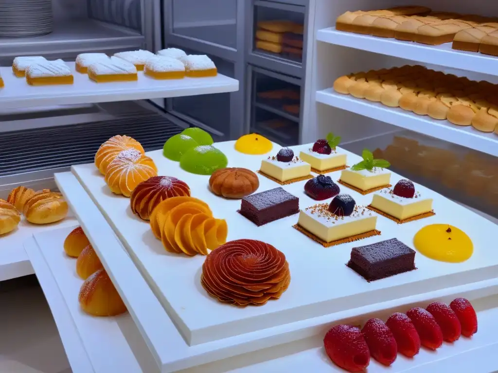 Una cocina moderna llena de exquisitos postres de todo el mundo en platos blancos