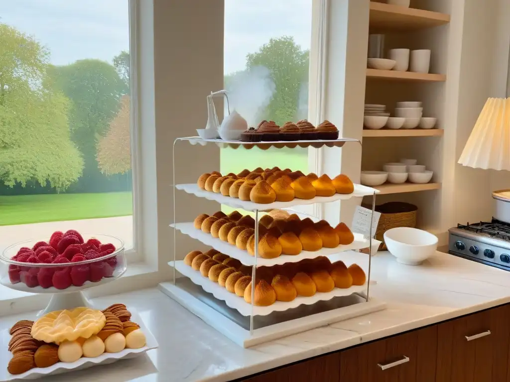 Una cocina moderna llena de utensilios de repostería organizados, bañada por la luz del sol