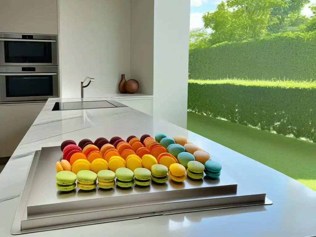 Una cocina moderna y minimalista con macarons en mármol