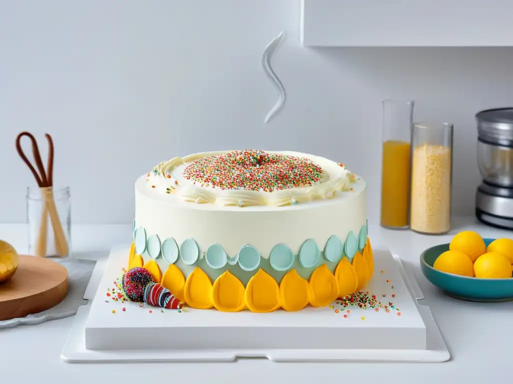 Una cocina moderna y organizada con herramientas de repostería, mostrando una visualización en realidad aumentada de un pastel decorado