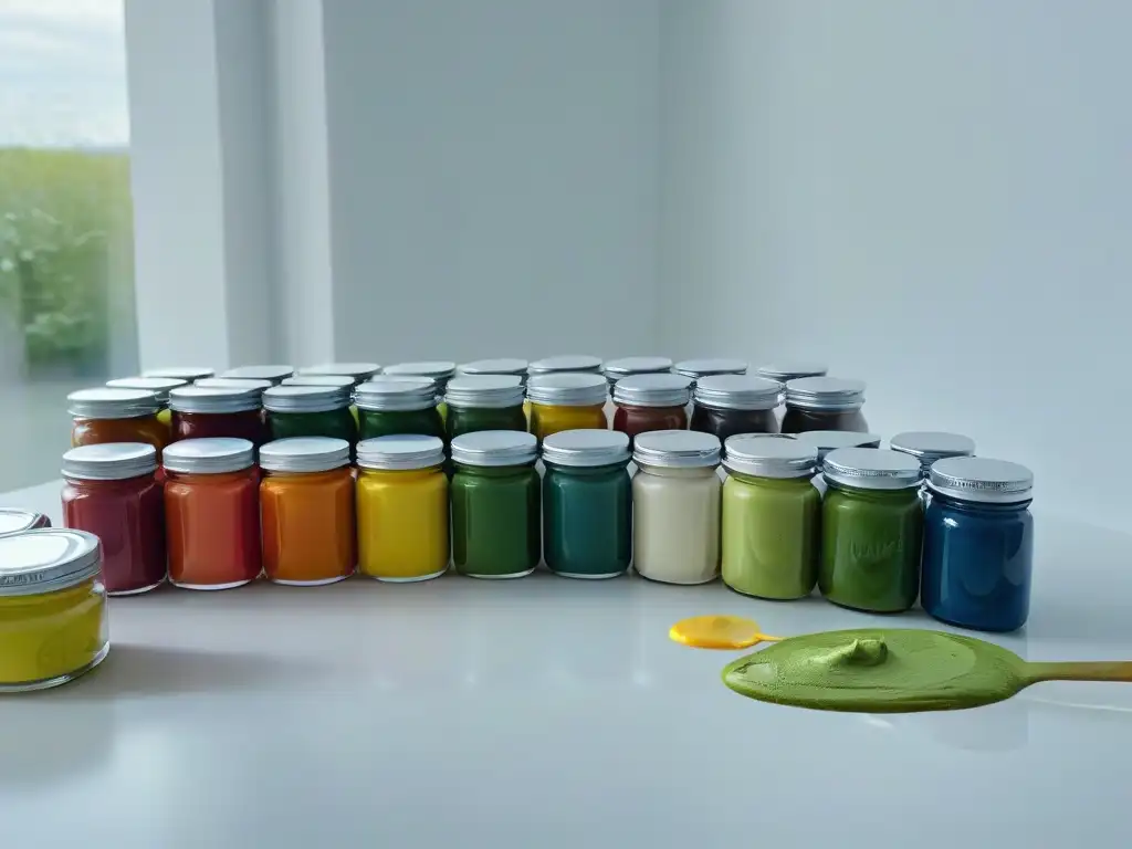 Una cocina moderna con pintura comestible para repostería en elegantes tarros de vidrio, en tonos vibrantes