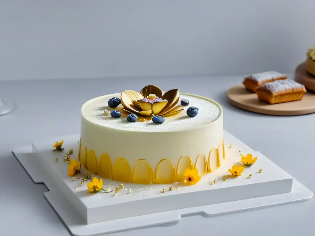 Una cocina moderna con postre elegante y redes sociales, fusionando repostería tradicional con tendencias digitales