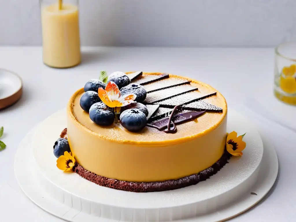 Una cocina moderna con postre vegano creativo: una tarta de frutas con flores comestibles y chocolate