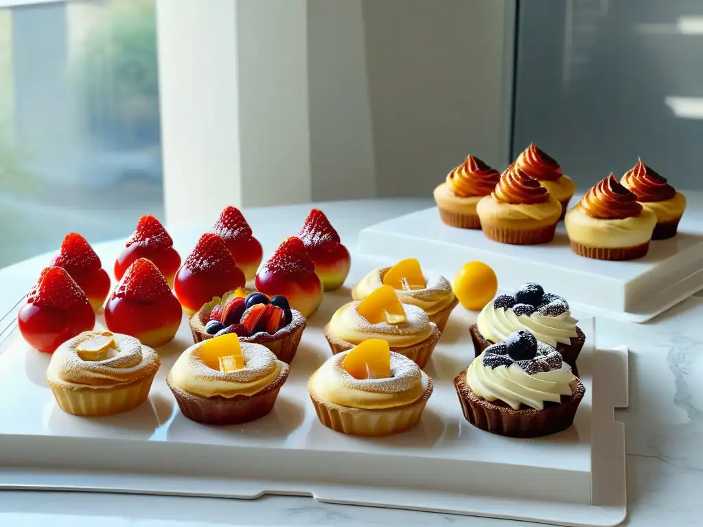 Pastelería de alta cocina: arte moderno en mármol Una cocina moderna con postres elaborados y decorados con arte y precisión, iluminados por luz natural