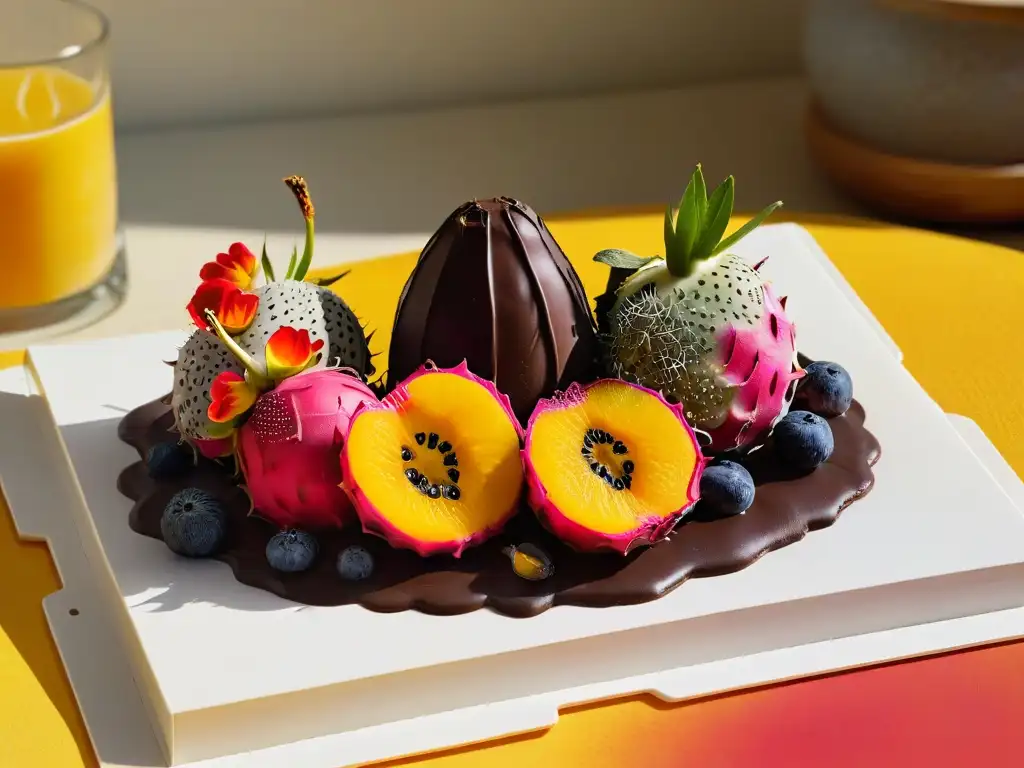 Una cocina moderna con postres saludables con sabores exóticos como frutas tropicales, chocolate oscuro y flores comestibles