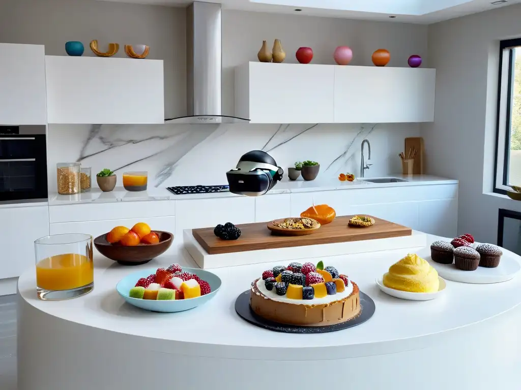 Una cocina moderna con postres virtuales en Realidad Aumentada sobre la encimera de mármol