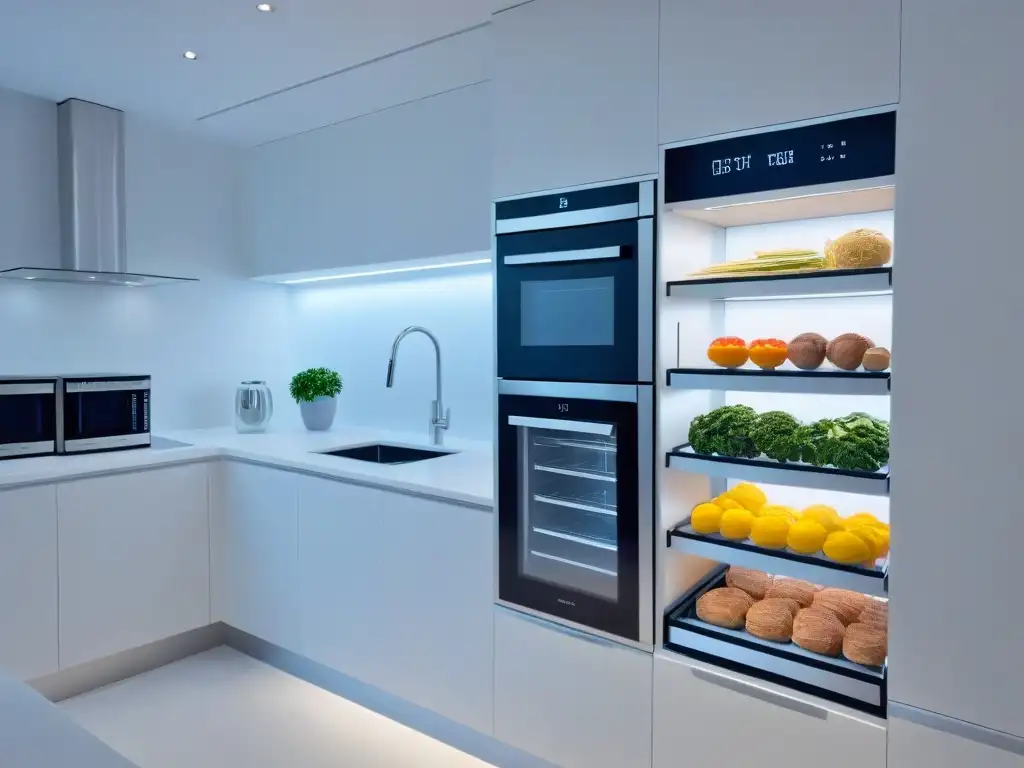 Organización futurista en cocina minimalista con realidad aumentada Cocina moderna con realidad aumentada mostrando organización en hogar pequeño