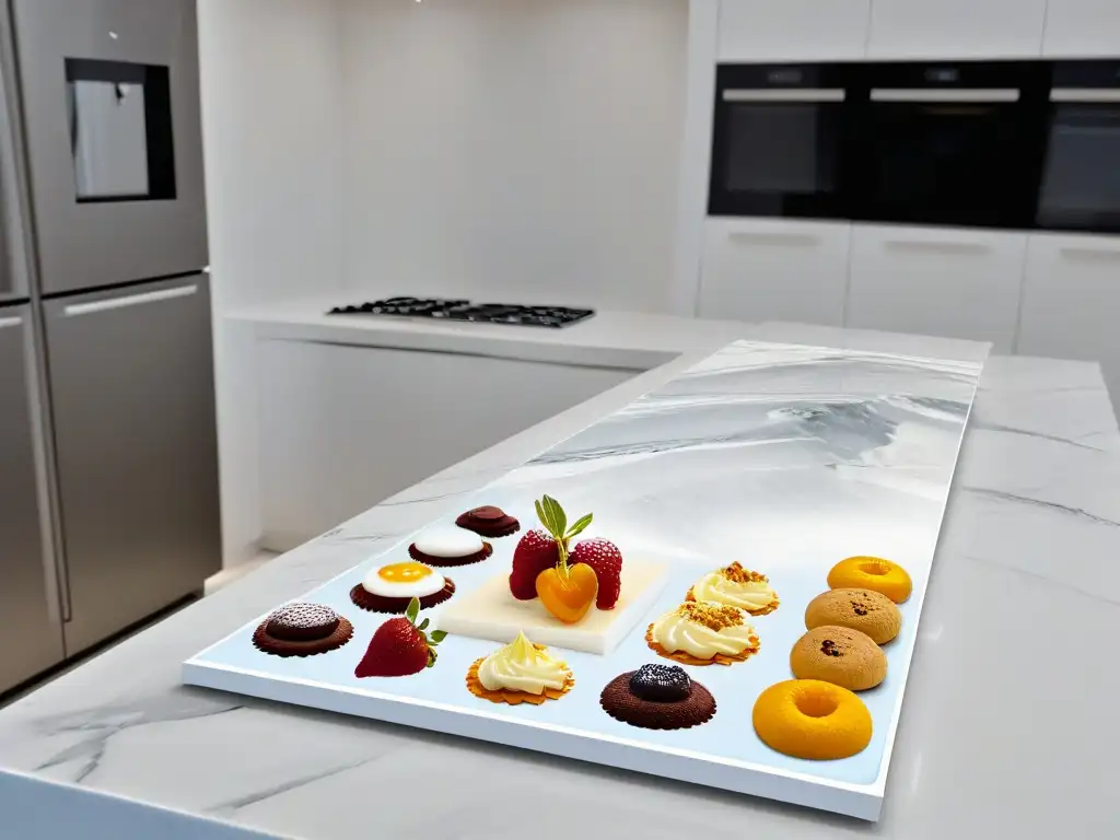 Una cocina moderna con Realidad Aumentada en repostería: recetas virtuales flotando sobre la encimera de mármol blanco