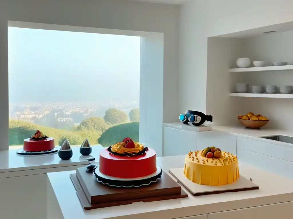 Una cocina moderna con realidad virtual y utensilios de repostería, fusionando lo tradicional con lo innovador