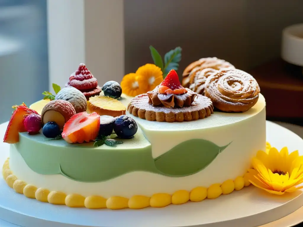 Pastelería de lujo en cocina moderna con mármol y delicadas decoraciones Una cocina moderna con repostería exquisita y colorida