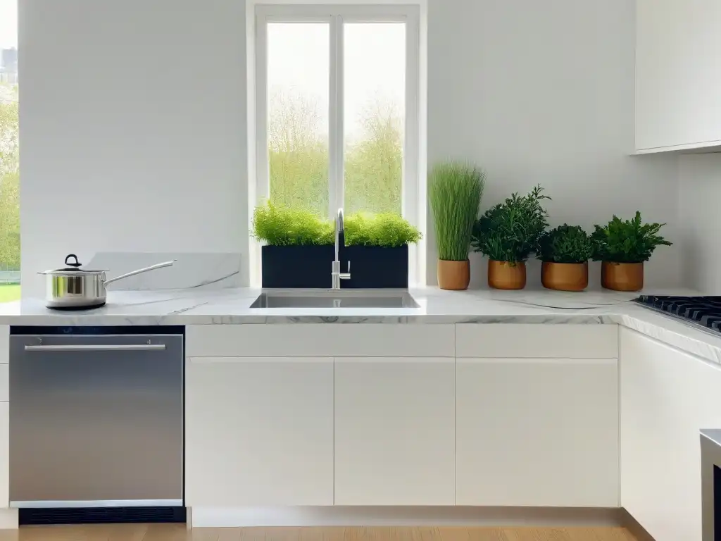 Cocina moderna de mármol y acero inoxidable con toque de naturaleza Una cocina moderna y sofisticada con toques de verde, ideal para técnicas modernas de repostería