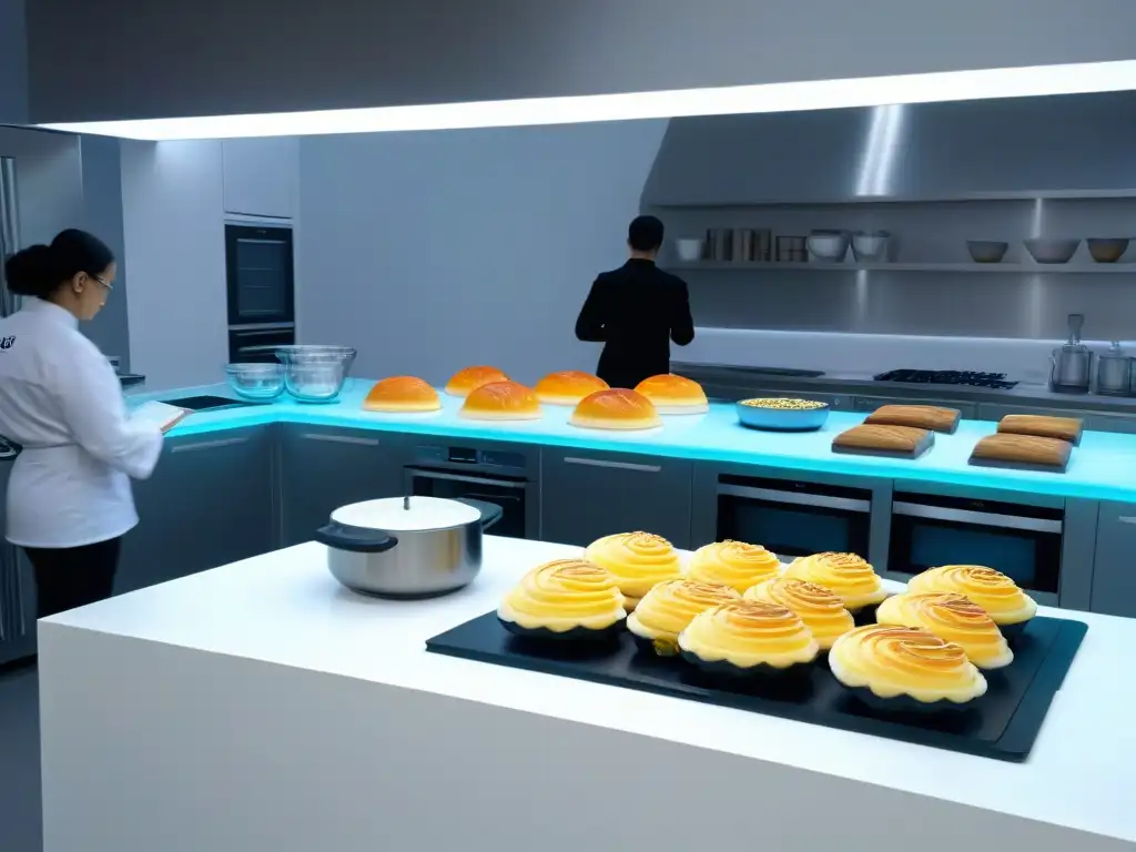 Cocina moderna con tecnología de Realidad Aumentada en repostería: estudiante sigue tutorial virtual con asombro y determinación