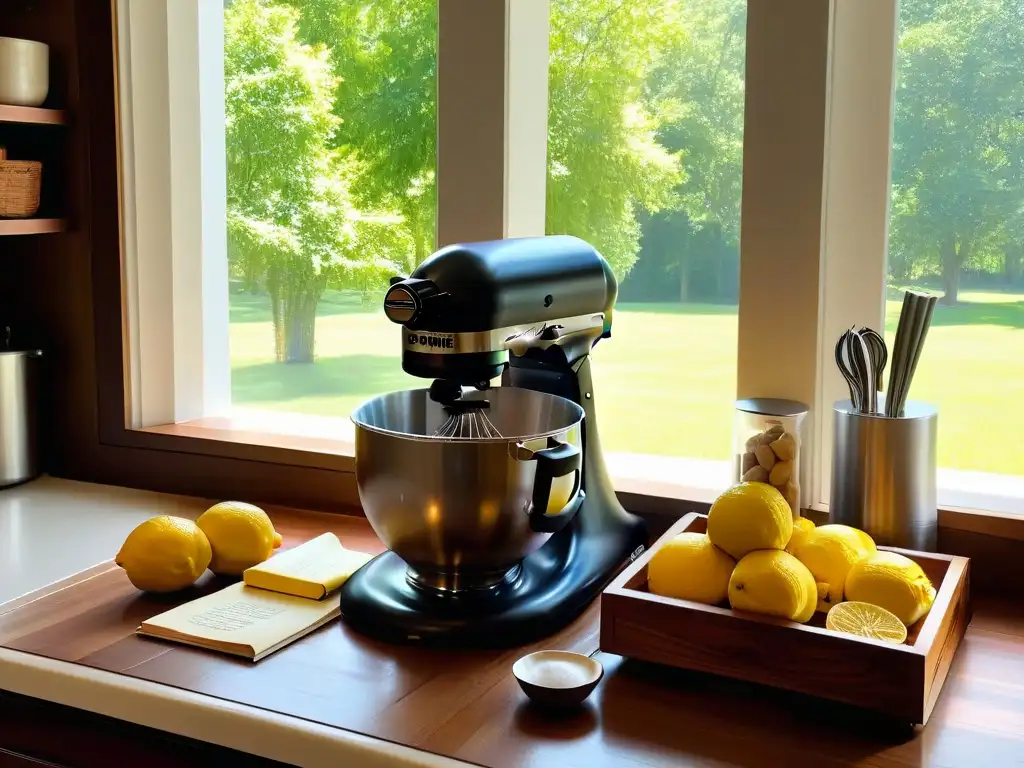 Una cocina moderna con toques tradicionales, mostrando libros antiguos y una batidora