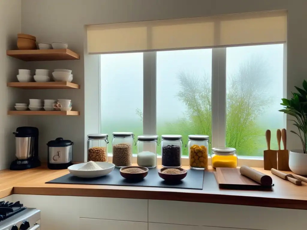 Cocina ecofriendly: utensilios y ingredientes sostenibles Una cocina moderna con utensilios ecofriendly y prácticas de repostería sostenible