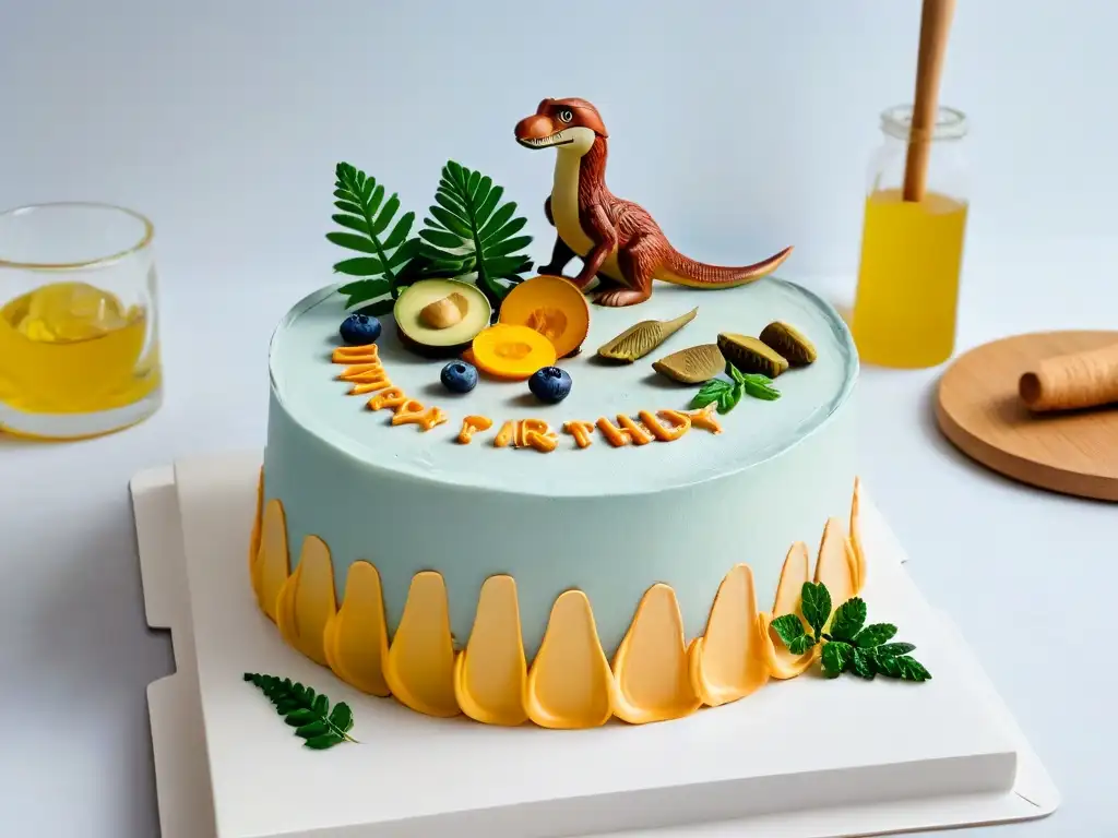 Una cocina moderna con utensilios y ingredientes en tonos pastel, destacando un pastel en forma de velocirráptor en la encimera de mármol