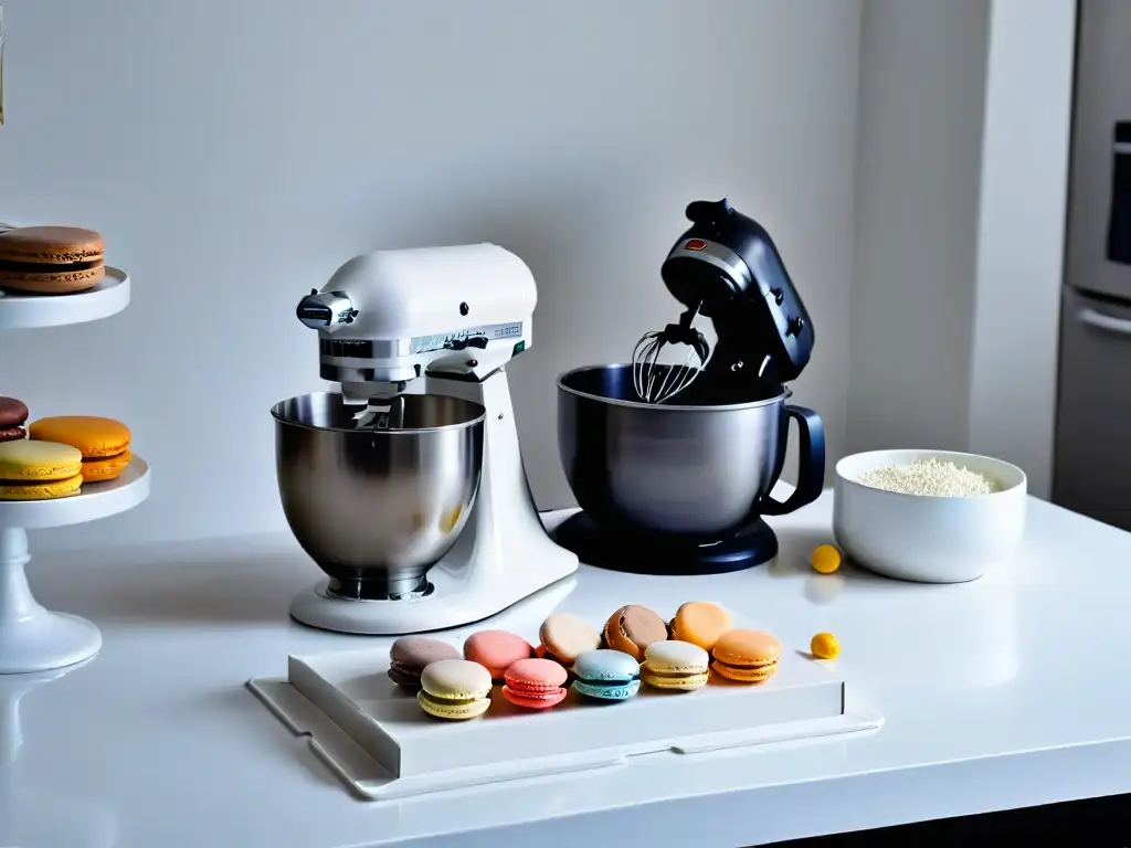 Cocina moderna con mármol, utensilios organizados y macarons