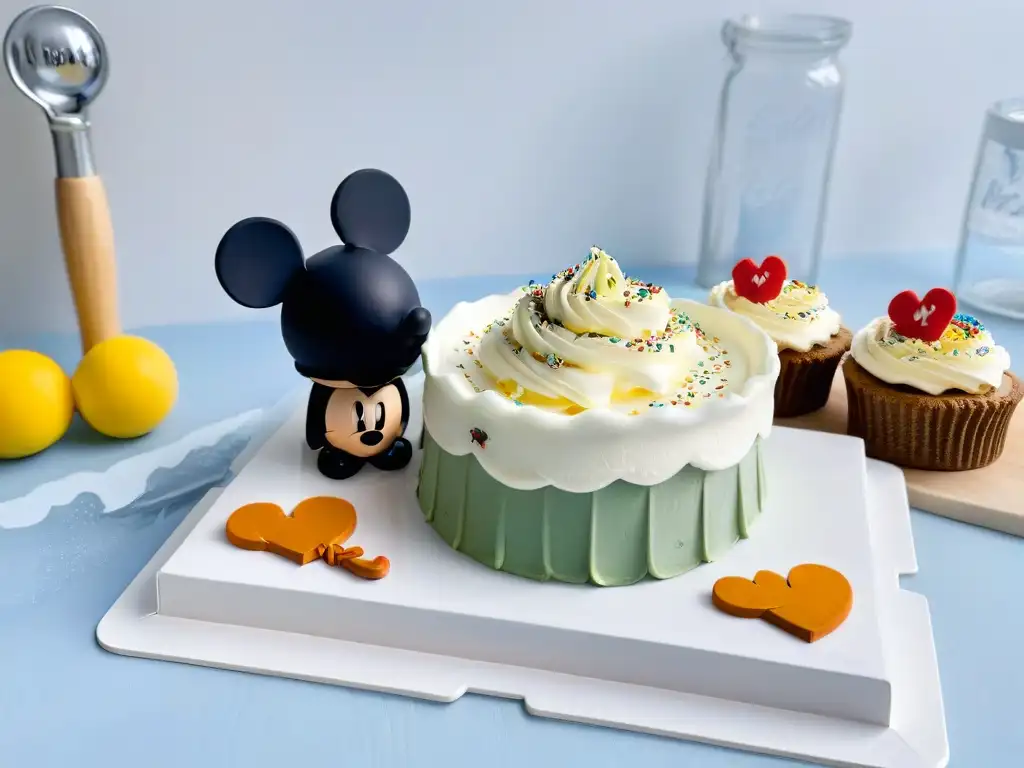 Cocina moderna Disney: accesorios de alta calidad Una cocina moderna con utensilios repostería Disney originales en mármol blanco y luz natural suave