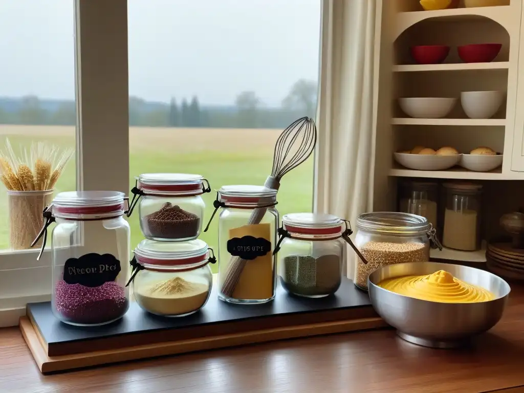 Cocina organizada con ingredientes de repostería, libros de recetas y utensilios vintage