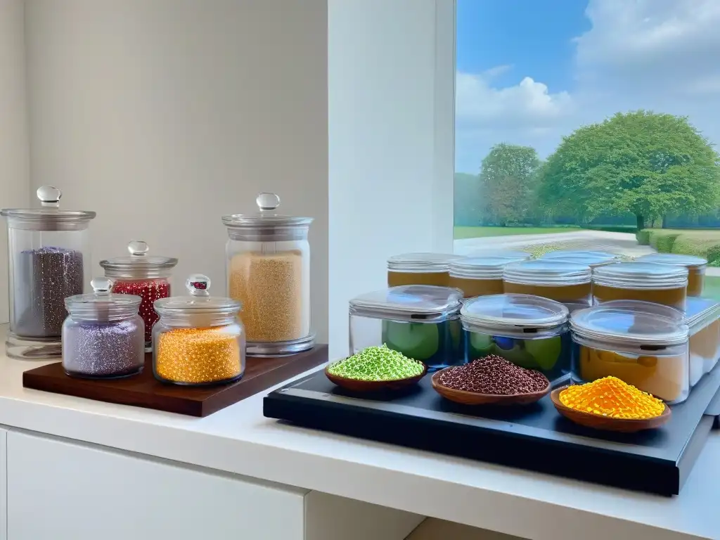 Una cocina organizada para repostería: mármol blanco, utensilios, frascos de toppings y luz natural