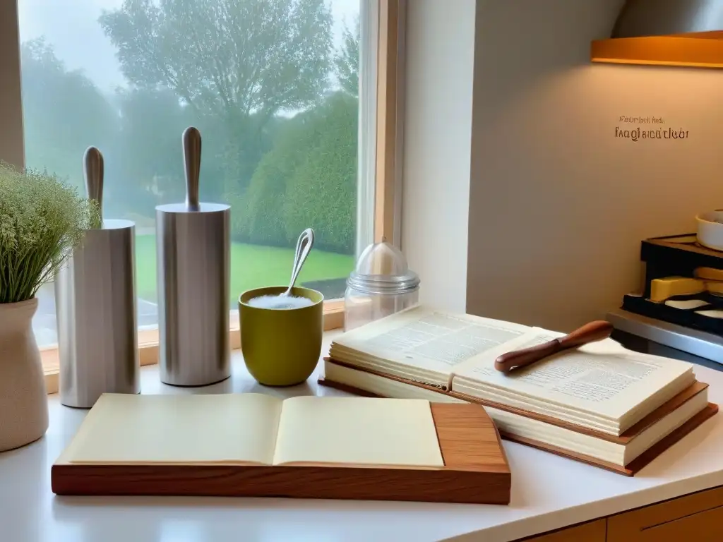 Una cocina organizada con utensilios de repostería, libros de recetas y luz natural