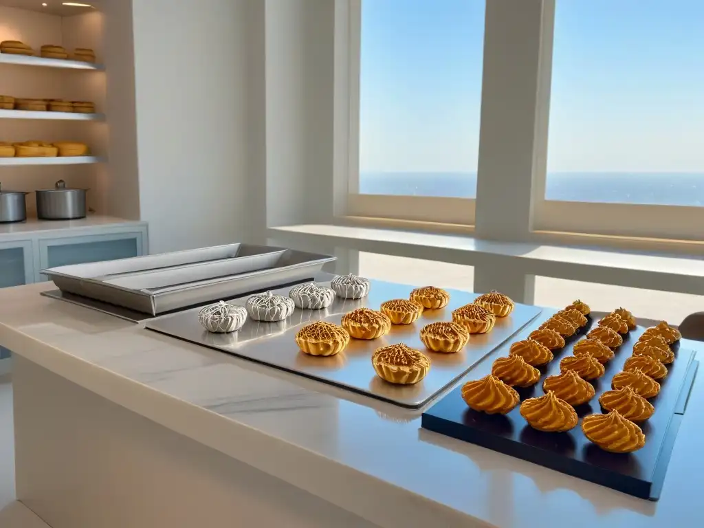 Una cocina de panadería moderna con cortadores de galletas personalizados innovadores en una mesa de mármol, iluminada por la luz solar