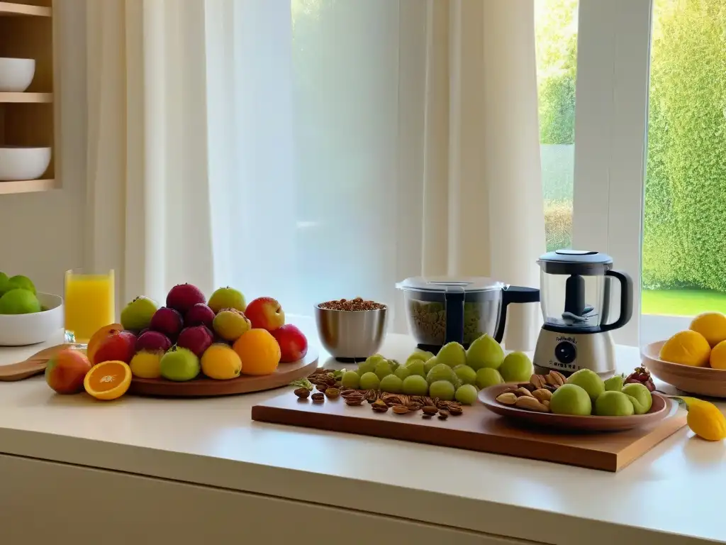 Una cocina serena con frutas frescas y frutos secos, libros de recetas, utensilios y semillas de chía