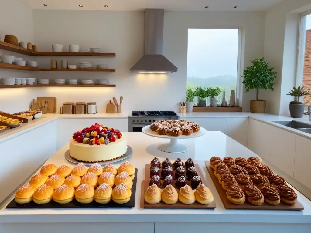 Una cocina serena con isla de mármol, pasteles y repostería saludable, ideal para vacaciones de bienestar