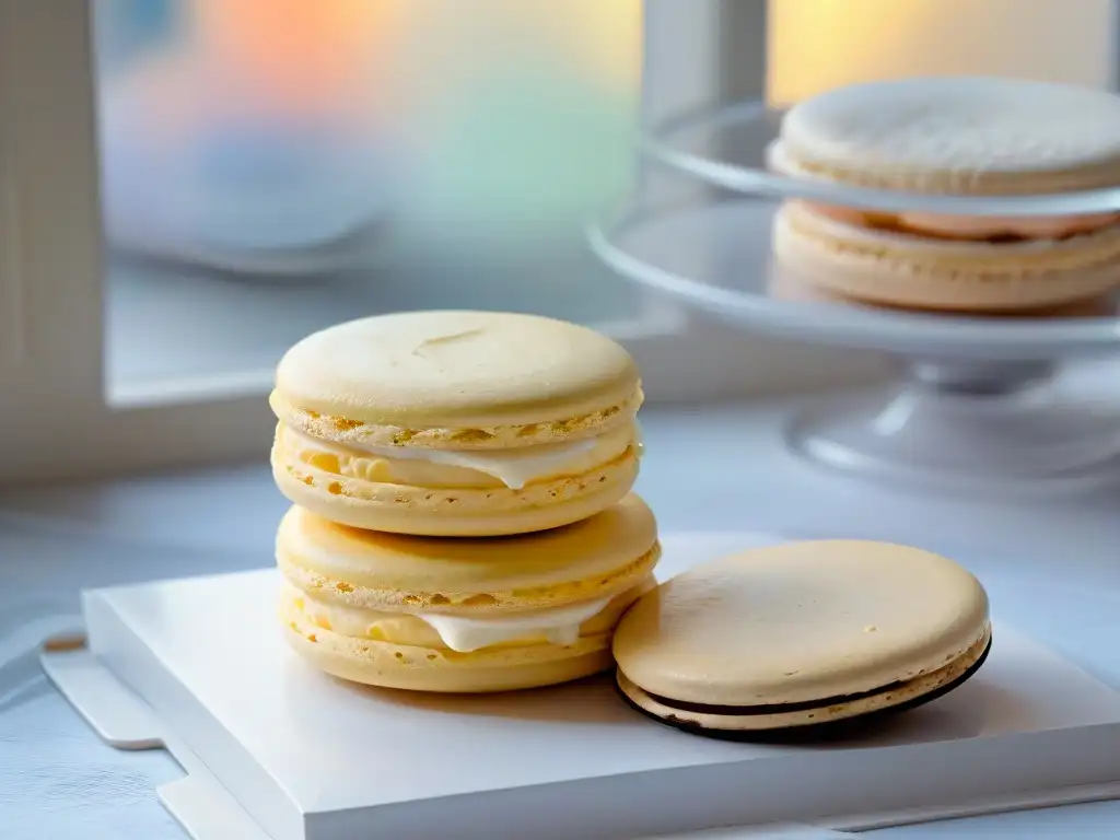 Un rincón de cocina sereno y elegante, con utensilios de repostería y macarons pastel, iluminado por la suave luz natural