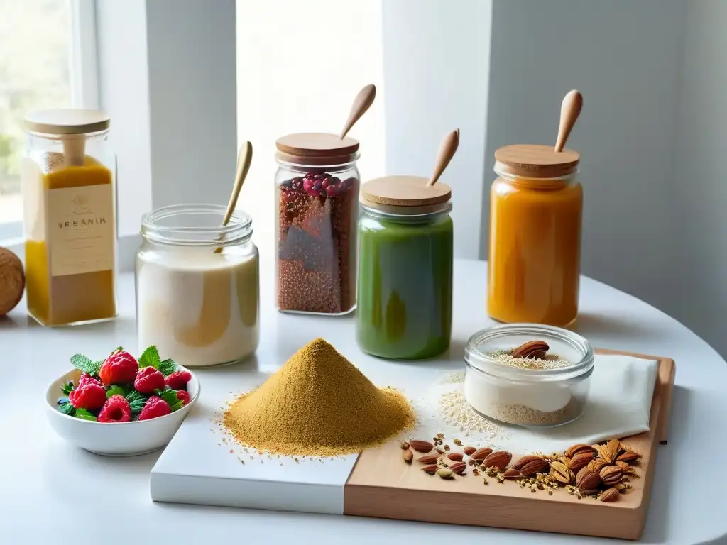 Un rincón de cocina sereno con harinas alternativas orgánicas, frutas frescas y recetas veganas