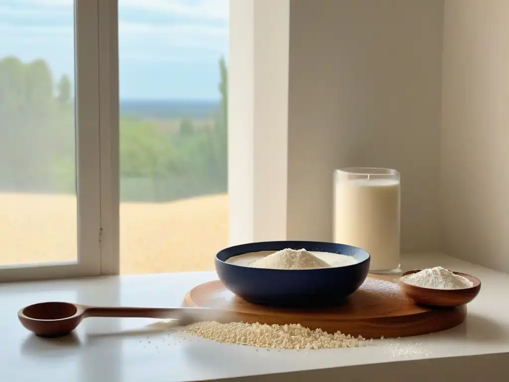 Un rincón de cocina sereno con utensilios de repostería dispersos, un rodillo y un bol de harina, iluminado por suave luz natural