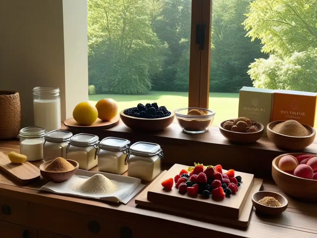 Una cocina soleada y sostenible con ingredientes eco, libros de recetas y utensilios de repostería