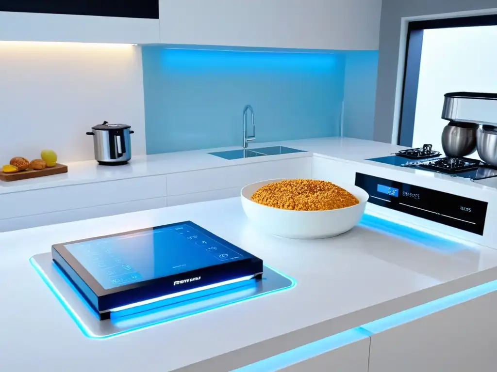 Una cocina ultramoderna con equipos de repostería de vanguardia y guías de realidad aumentada, en tonos blancos, plateados y azules