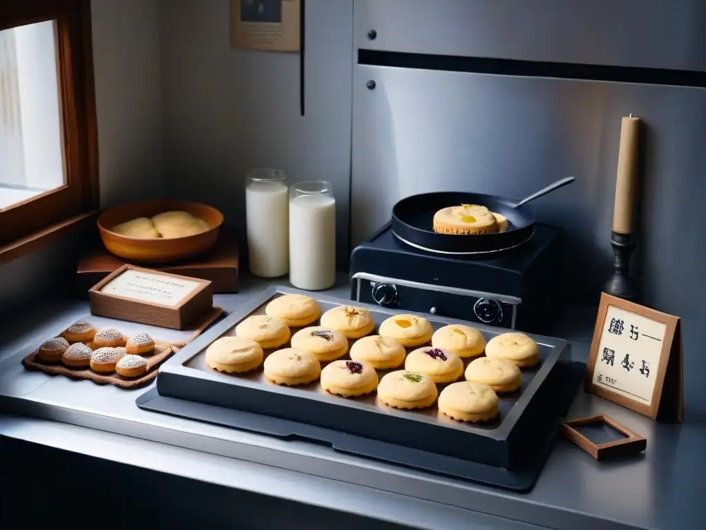 Una cocina vintage de la Segunda Guerra Mundial con hornos y repostería tradicional, evocando la transformación repostería Segunda Guerra Mundial