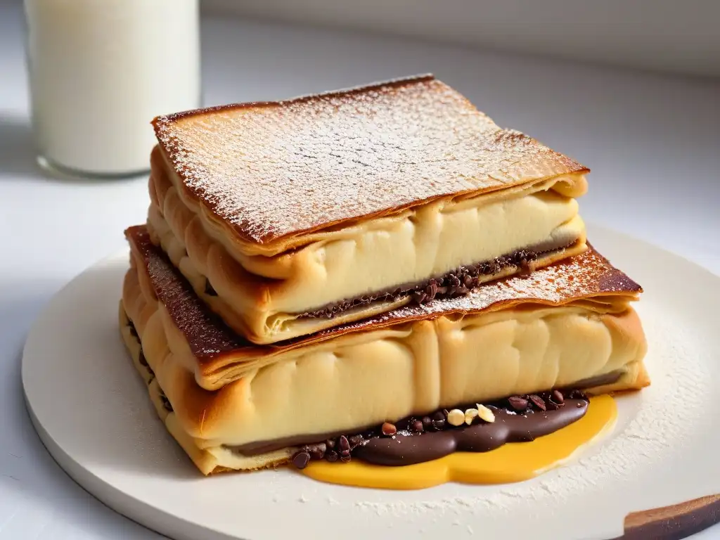 Un martabak manis recién cocinado con una textura dorada y crujiente, relleno de chocolate y cacahuetes, en un plato blanco moderno