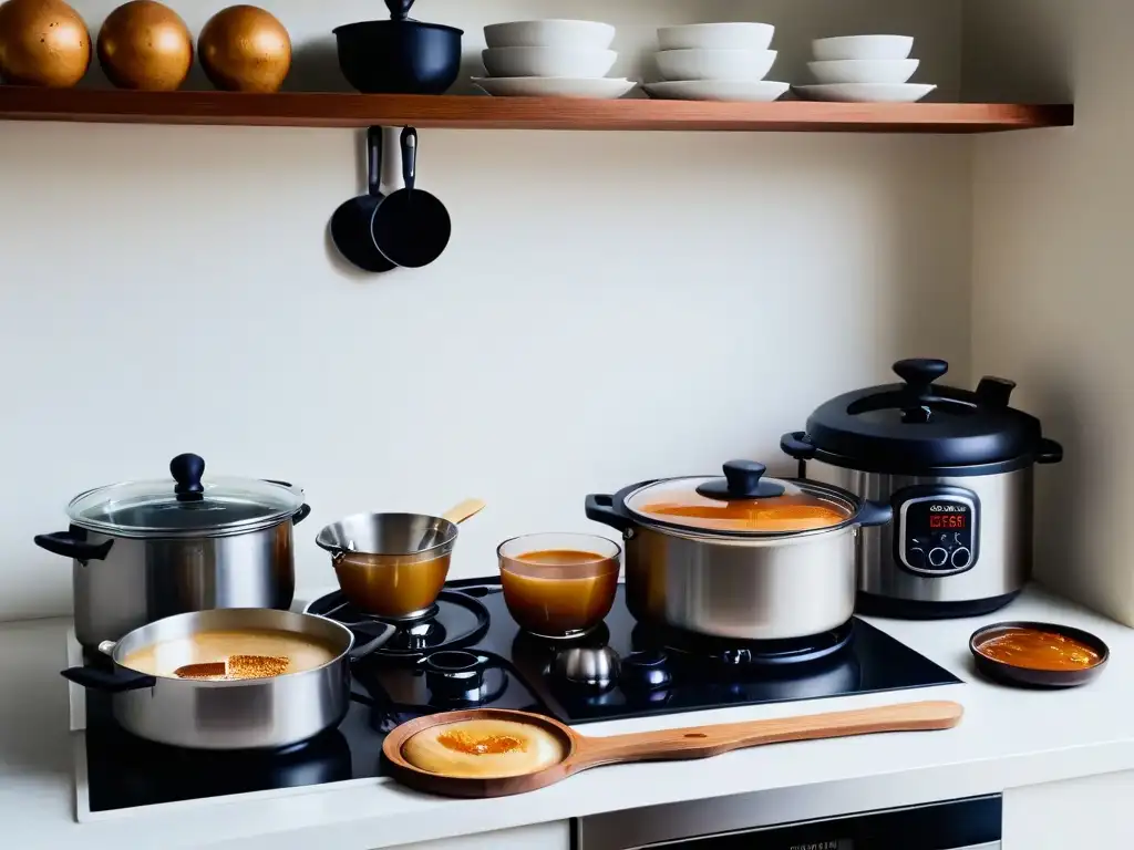 Dos cocinas contrastantes: una moderna con olla a presión y dulces tradicionales, y otra clásica con utensilios tradicionales y olla en la estufa