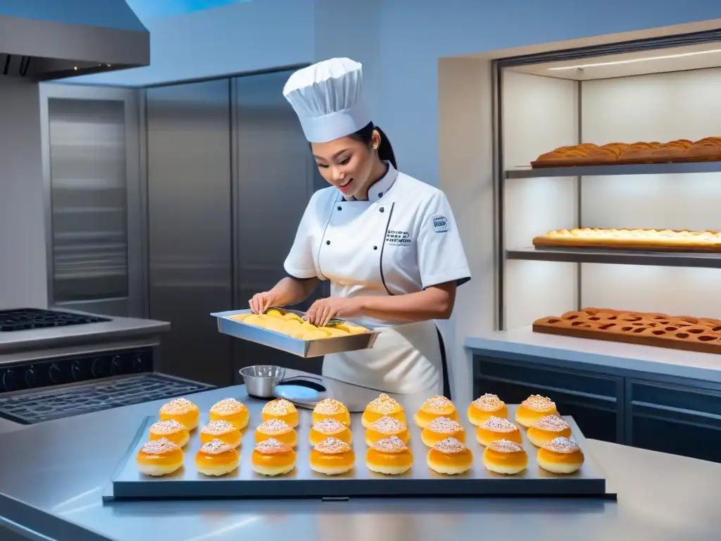 Chef experto creando innovadores postres en cocina moderna Un cocinero experto crea una innovadora obra maestra en una cocina moderna y ordenada