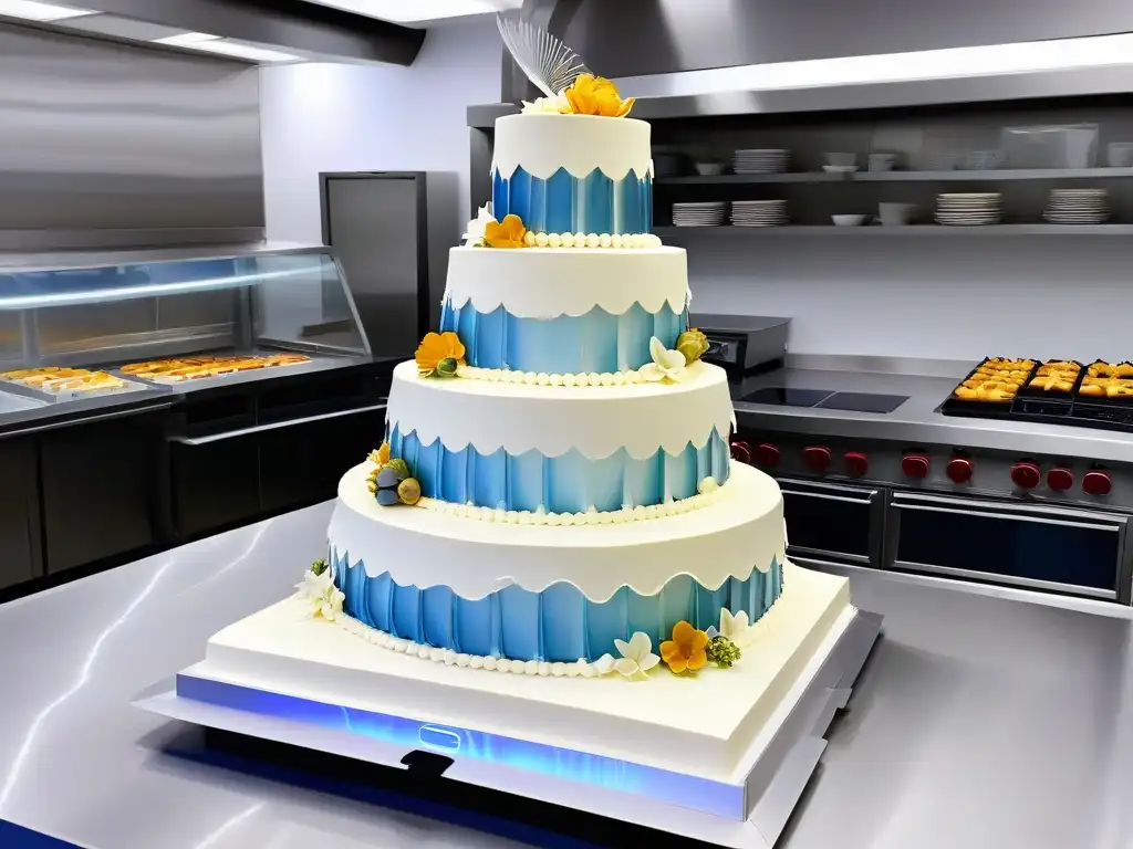 Un cocinero utiliza la realidad aumentada en el diseño de pasteles en una cocina moderna y luminosa