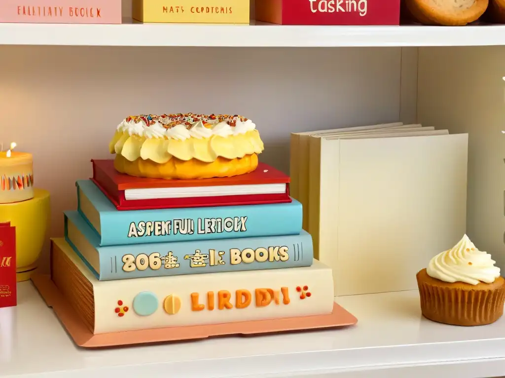 Una colección colorida de libros de repostería para niños con diseños caprichosos de pasteles, galletas y cupcakes en sus portadas