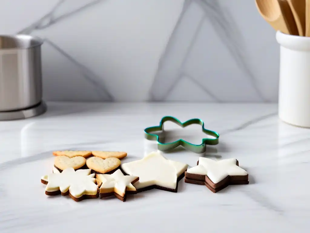 Una colección de cortadores de galletas creativos en un elegante mostrador de cocina blanco